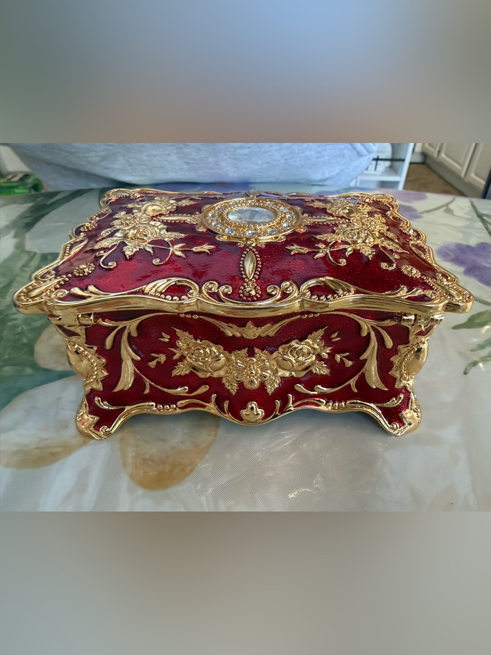 Ornate Red and Gold Jeweled Mini Jewelry Box - Picture 2 of 10